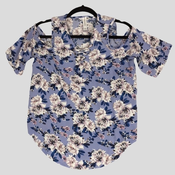 Warehouse One Cold Shoulder Floral Blouse Small Half Sleeve Violet Blue Popover - Picture 2 of 9